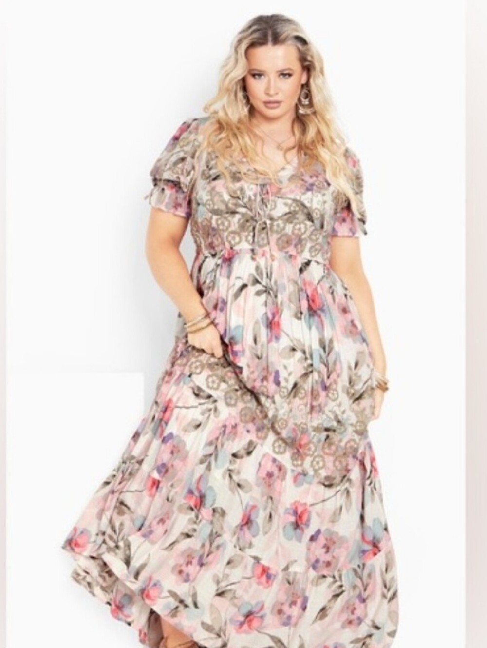 Arna York Amelia Floral Print Embroidered Tiered Maxi Dress Prairie Plus Sz 20